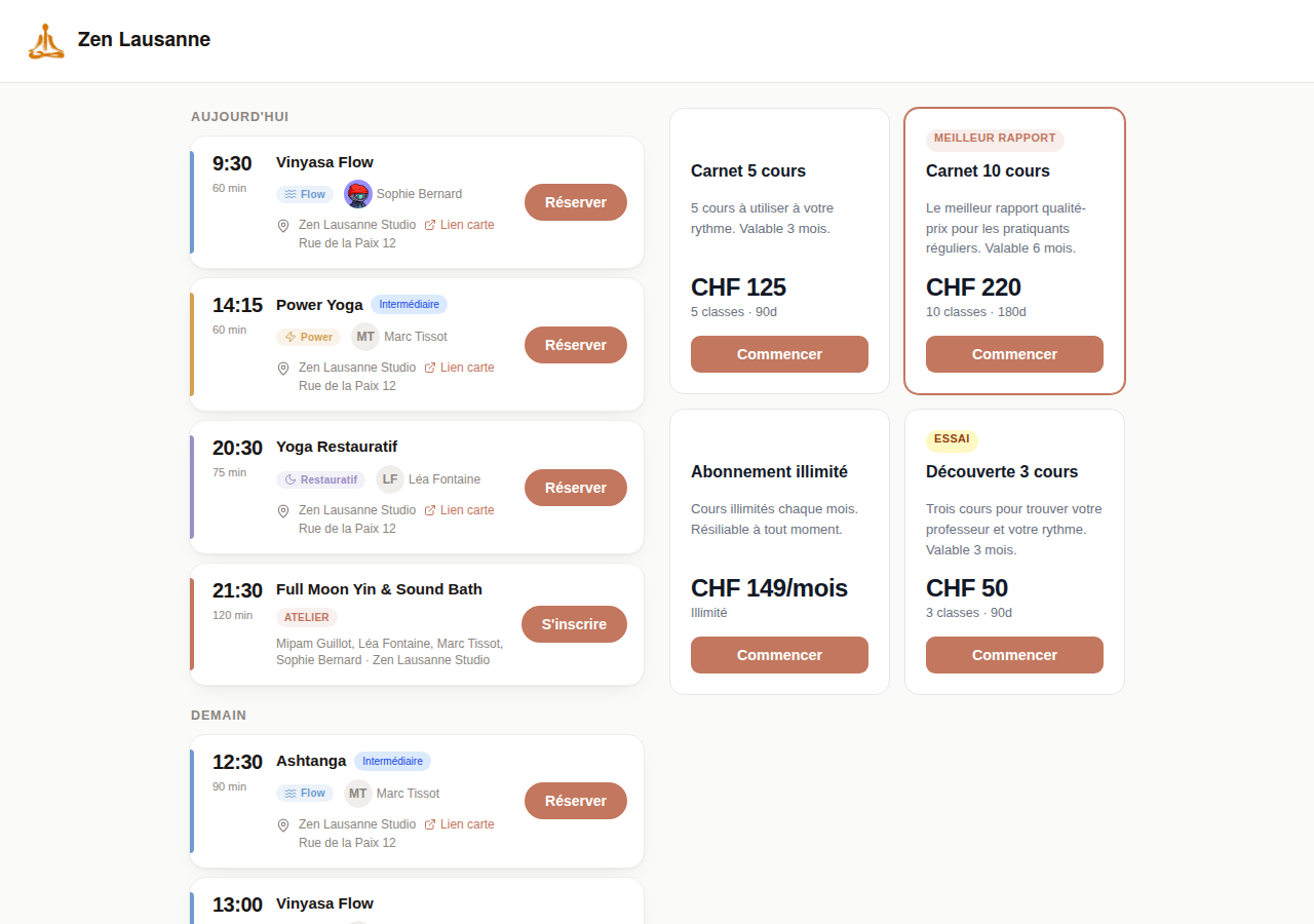 Class packs and subscriptions on a studio booking page