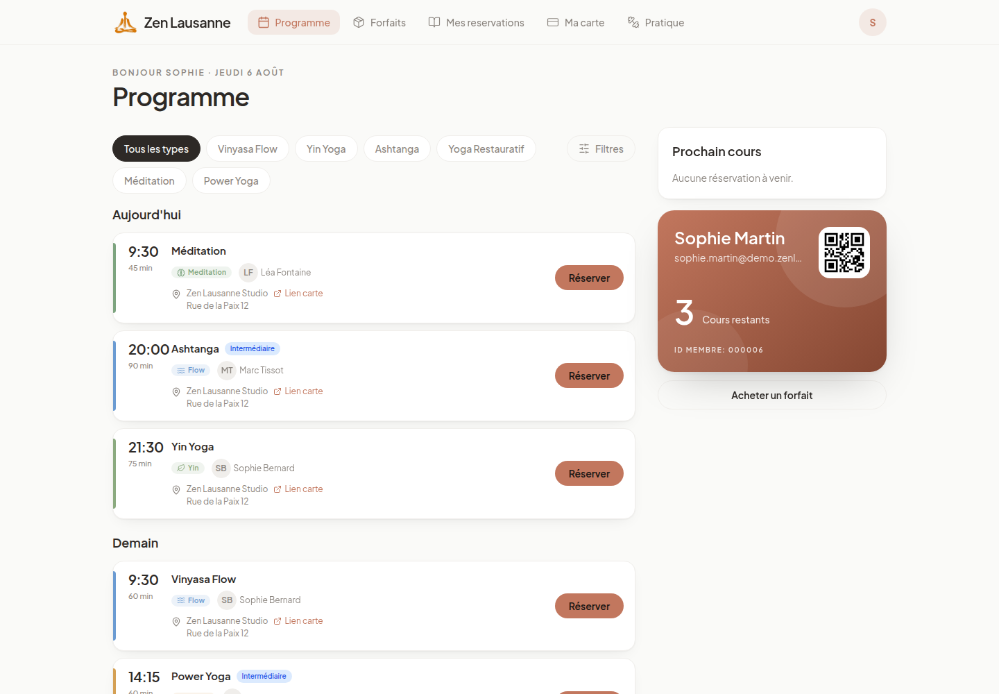 A studio schedule page listing this week's classes with their teachers